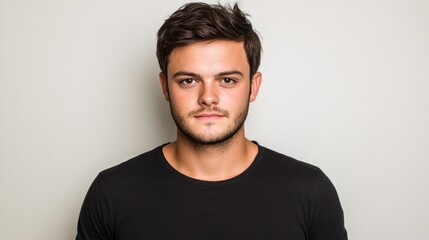 Obraz premium Portrait of a Young Man with Dark Hair and a Serious Expression in a Black T-Shirt Against a Light Gray Background
