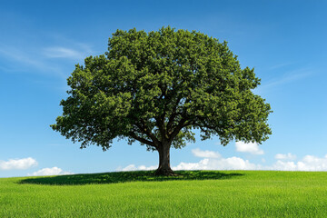 Obraz premium A large tree stands alone in a huge field with a clear blue sky above it. 