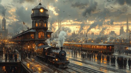 A steam train pulls into a bustling 19th-century train station, the city skyline glowing in the warm sunset light. Crowds of people fill the platform, creating a sense of energy and movement.