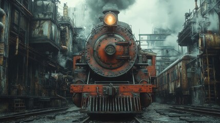 Obraz premium A weathered steam locomotive sits in a decaying industrial landscape, its orange and red paint faded, contrasting with the dark, metallic surroundings. Smoke billows in the air