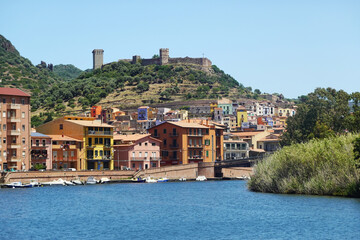 Bosa and its castle seen from the river Temo, Sardinia, Italy