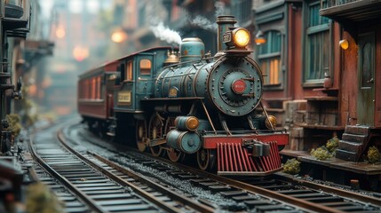 A vintage steam train chugs through a miniature city, its teal and red colors standing out against the muted background.  The scene is beautifully detailed, capturing a nostalgic atmosphere.