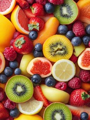 Obraz premium Vibrant Fruit Medley - A colorful mix of fresh fruits, symbolizing health, vitality, abundance, deliciousness, and natural goodness.