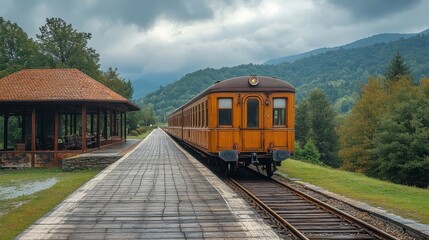 Fototapeta premium Vintage train car arrives at a rustic train station nestled in a mountain valley. The autumnal colors of the surrounding landscape create a scenic backdrop.