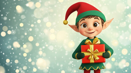 A cheerful Christmas elf holding a red gift box with a golden ribbon, standing against a festive snowy background.