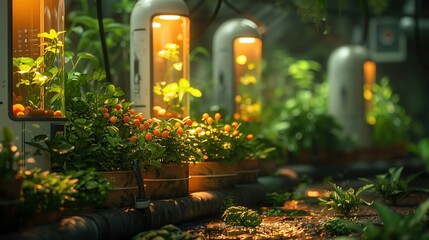 Indoor plants thrive under artificial grow lights in a futuristic setting.  A lush, vibrant scene.