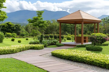 Serene Garden Pavilion - Tranquil landscape design, featuring a wooden gazebo, manicured hedges, lush green lawns, and a mountain backdrop. Symbolizing peace, nature, serenity, relaxation, and escape.