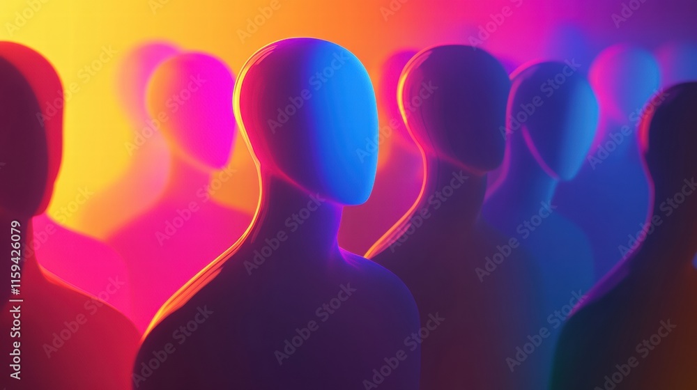 Poster abstract faceless avatars in vibrant colors creating a unique visual experience with copy space for 