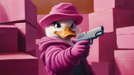 Stylish duck character in pink attire holding a gun with bold expression in a pink setting