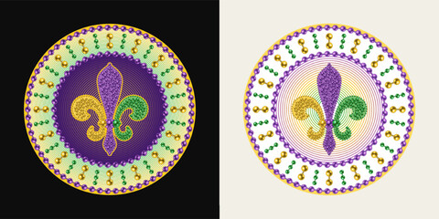 Mardi Gras circular pattern with Fleur de lis sign, bead strings. Vintage illustration for prints, holiday goods decoration © OA_Creation