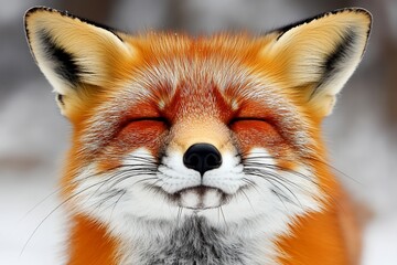 Fototapeta premium Happy red fox with closed eyes and a smile.