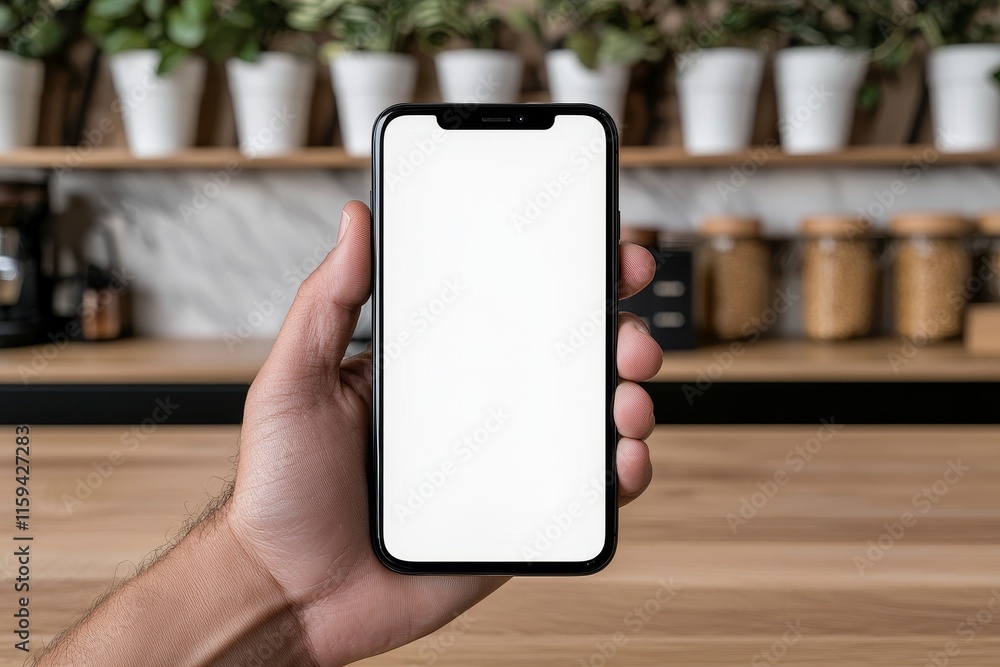 Aufkleber the hand of a man is holding a mobile smartphone with a white screen in a vertical position and a bl