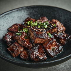 Korean galbi (BBQ ribs) with a caramelized glaze, vibrant Korean street food vibe
