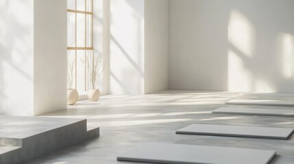 Fototapeta premium Modern minimalist yoga studio with minimal decor. Featuring clean lines and a peaceful environment