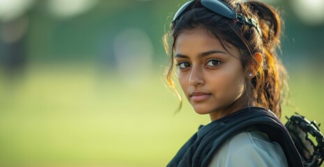 Young female baseball player wearing gear with a focused expression outdoors