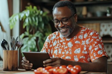 Smiling man in vibrant shirt using tablet at a wooden kitchen table