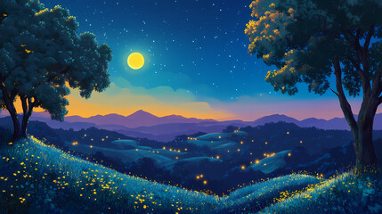 Fototapeta premium a serene rural landscape glowing under a setting sun, transitioning to moonlit hills and glowing fireflies. Moonlit. Illustration