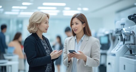 Two businesswomen discussing work while using mobile phones in an office setting
