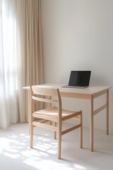 Fototapeta premium A modern home office interior with a desk, laptop, golden lamp, and stationery on a white surface, illustrating a stylish design concept.