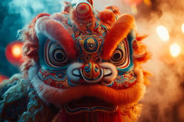 Obraz premium A stunning close-up of a lion dance headpiece, covered in intricate embroidery and vibrant colors, set against a backdrop of swirling smoke and glowing lanterns