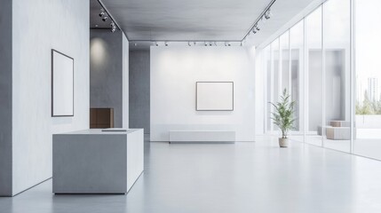 Contemporary minimalist art gallery with minimal exhibits. Featuring a clean, open design with modern lines