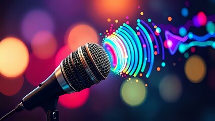 Obraz premium A symbolic image of a microphone with colorful sound waves emanating from it, representing diverse voices in radio broadcasting on World Radio Day. 