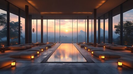 Sunset view from a minimalist zen spa.