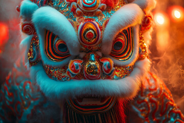 Fototapeta premium A stunning close-up of a lion dance headpiece, covered in intricate embroidery and vibrant colors, set against a backdrop of swirling smoke and glowing lanterns
