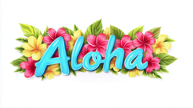 Hawaiian aloha text surrounded by colorful tropical flowers and leaves