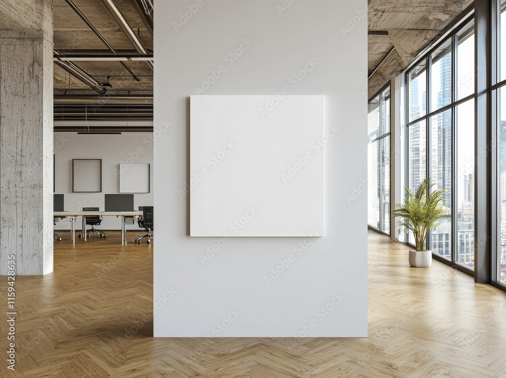 Aufkleber In a 3D rendering mockup, a bright concrete office with large windows and a blank wall.