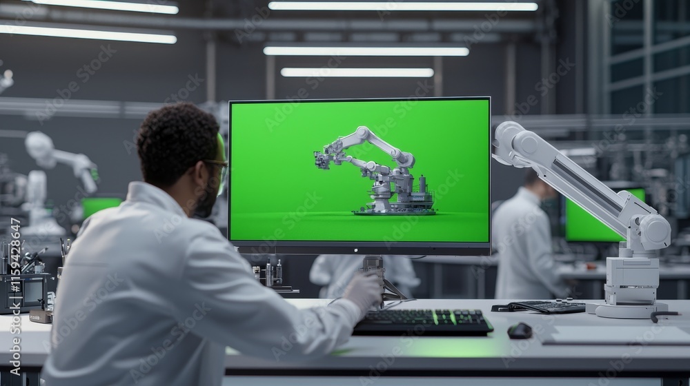 Aufkleber On the foreground is a photo of an engineer working with a green mock-up screen desktop computer. In the background is a photo of an engineering facility with specialists working on blueprints and