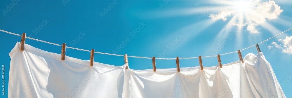 Poster bright white clothes dry on a line under a sunny blue sky with ample copy space for text. generative