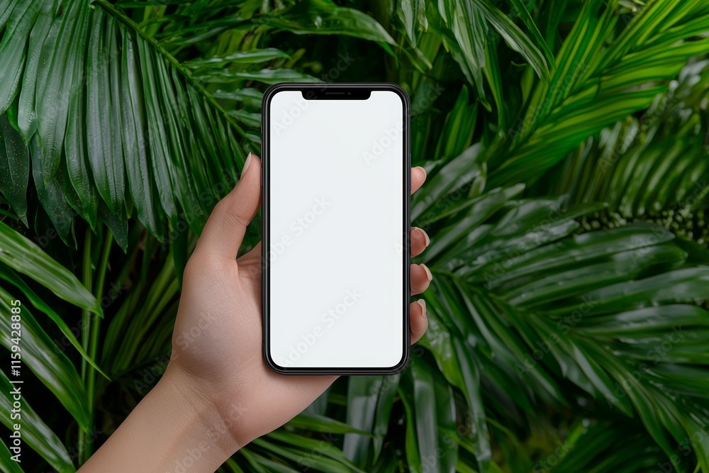 Poster this mockup image shows hands holding a black mobile phone, with a blank desktop screen in front of 
