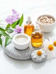 Tranquil Spa Essentials - Serene spa setting, featuring essential oils, chamomile, and stones. Symbolizing relaxation, wellness, nature, purity, and rejuvenation.