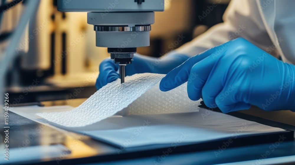 Poster a closeup of a fabric swatch being tested for durability with a quality analyst using a tensile test