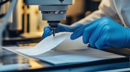 A closeup of a fabric swatch being tested for durability with a quality analyst using a tensile testing machine to measure its strength.