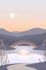 Serene landscape featuring a bridge over tranquil waters and mountains.