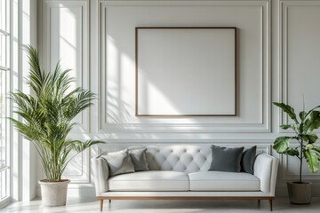 Bright, airy living room featuring elegant sofa and lush greener