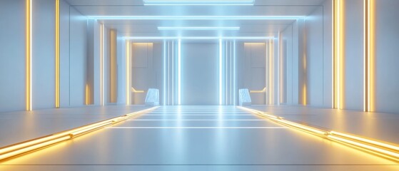 Futuristic white corridor with blue and yellow neon lights.