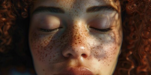 Closest up on a woman's face with her eyes closed in an expression of tranquility or perhaps sleepiness.