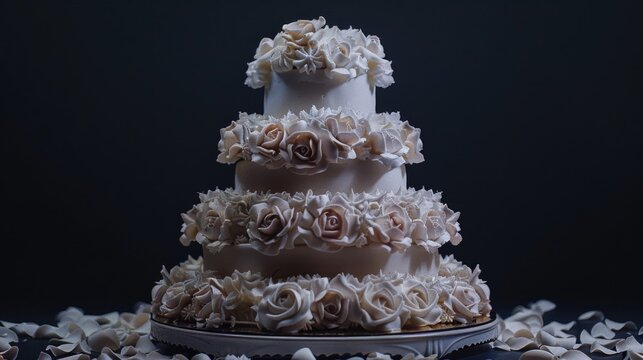 An elegant three-tiered wedding cake with a floral design on the top tier, in a pink and brown color scheme.