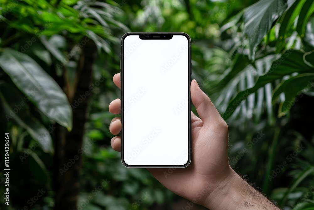 Aufkleber the gardener holding a phone in hand in the background with greens in the garden. mockup image.