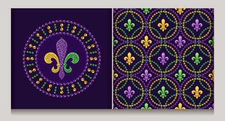 Geometric beaded pattern with fleur de lis symbol in center of grid cells. Overlapping interlaced intersecting circular grid, ornament. Circular composition with mosaic Fleur de Lis sign. © OA_Creation
