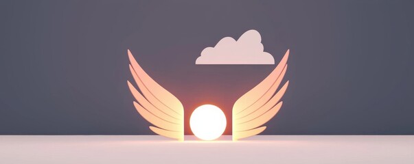 Symbolic wings embracing a glowing sun and soft cloud.