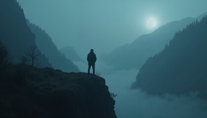Fototapeta premium Silhouette of a person standing on a cliff at night with full moon and misty mountains