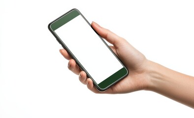 Hands holding white mobile smartphone devices with green screens