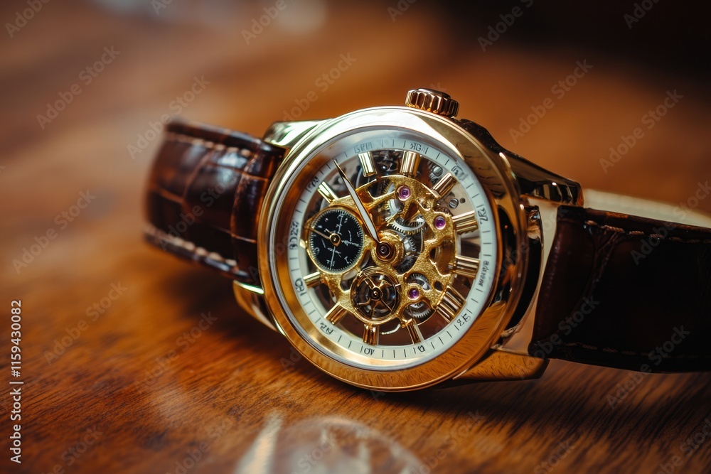Poster luxury wristwatch with golden frame and intricate details displayed on wooden surface. generative ai