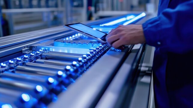 A production line worker using a tablet to input data with conveyor belts and parts in motion illustrating the integration of technology in local manufacturing.