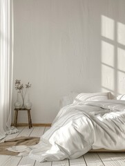 A cozy and modern bedroom space with white sheets, blankets casually tossed aside on a wooden floor, natural light streaming in from a window.