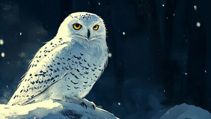 Snowy owl perched on a rock in a snowy forest during a winter evening - Powered by Adobe